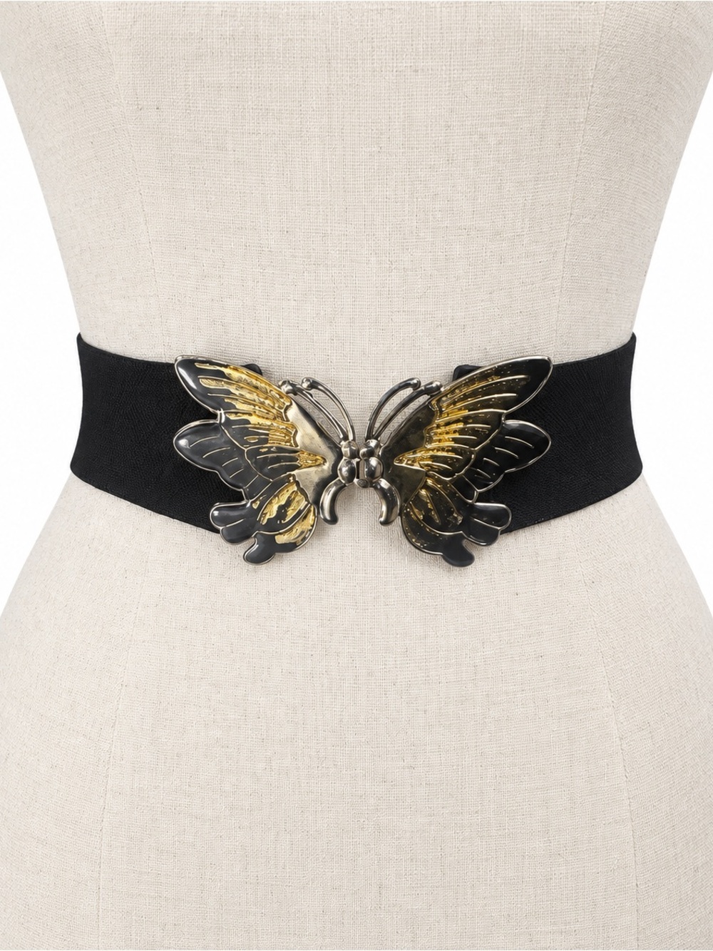 Vintage Black Stretch Belt with Oversized Two-Tone Butterfly Buckle Adjustable
